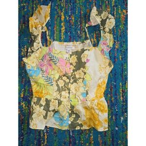 NWT Guess Peplum Top Yellow Gold Coast Floral Ruffle Strap Womens XS